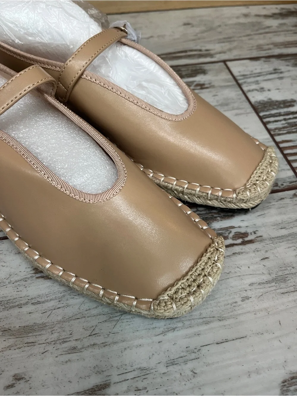 Coutgo Beige Tan Square Toe Mary Jane Espadrille Flats Ankle Strap Womens 7 NWOT
